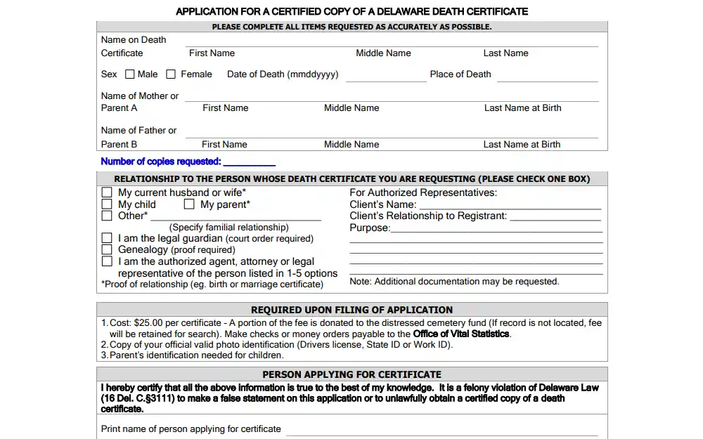 Screenshot of the application form for death certifications showing sections for the late individual, the requestor, and list of requirements.