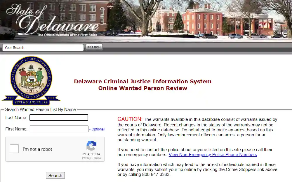 A screenshot from the Criminal Justice Information System website of Delaware showing their warrant search tool.