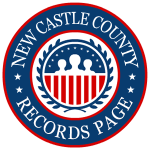 A round, red, white, and blue logo with the words 'New Castle County Records Page' in relation to the state of Delaware.