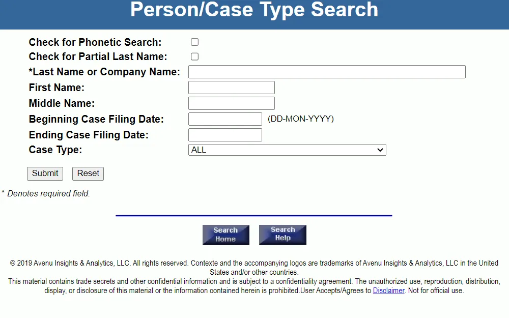 Screenshot of the search tool with fields for names and other criteria.