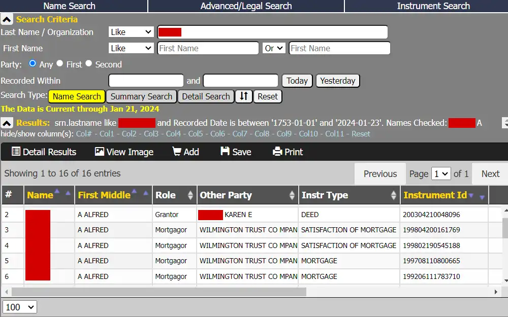 Screenshot of the search tool and initial results showing the party names, instrument types, and ID.